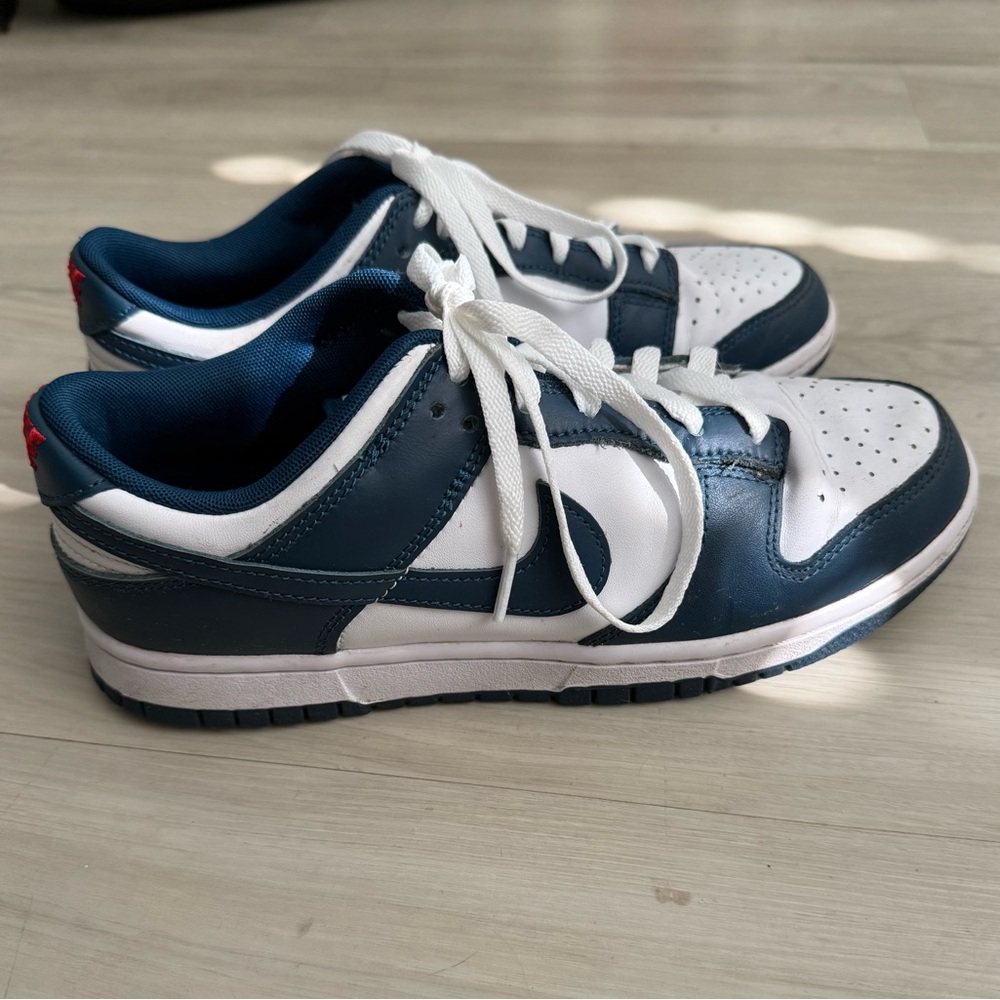 Nike Low-Top Dunks in Navy and White with Red Heel Accent